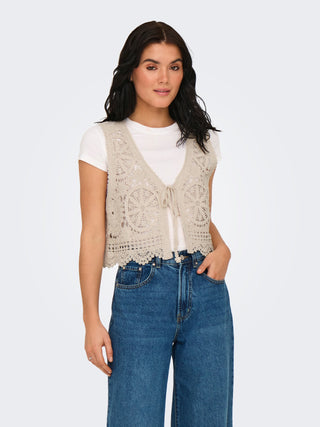 JACQUELINE DE YONG VIC CARDIGAN SENZA MANICHE RICAMATO CON LACCETTO DONNA (col:tapioca) 15347425 TPC