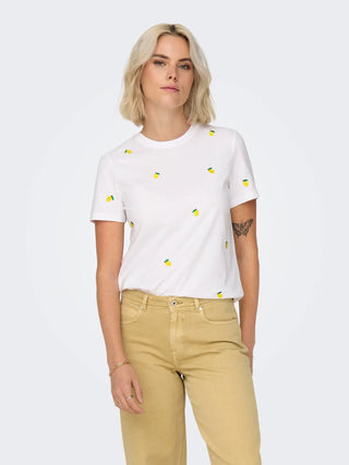 ONLY KETTY T-SHIRT CON LIMONI RICAMATI 15288473 BWT