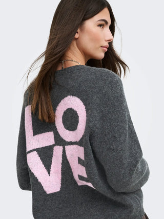 ONLY CARDIGAN LOVIE SCOLLO A V, CON CUORE E SCRITTA DIETRO 15378335 DGR