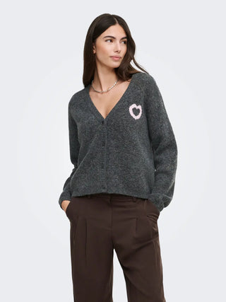 ONLY CARDIGAN LOVIE SCOLLO A V, CON CUORE E SCRITTA DIETRO 15378335 DGR