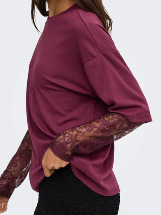 ONLY T-SHIRT TAHLIA CON MANICA IN PIZZO 15381333 FIG