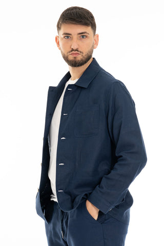 FIFTIETH OVERJACKET UOMO 100% LINO ENGLAND BLU