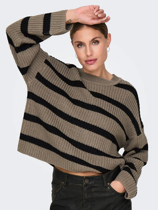 JACQUELINE DE YONG JUSTY STRIPED CREW NECK SWEATER WOMEN (WALNUT BLACK) 15264902 WLT