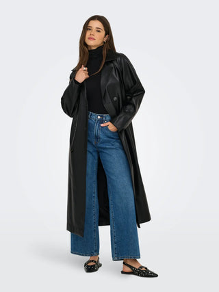 ONLY BINA TRENCH LUNGO IN WOVEN LUCIDO CON CINTURA IN VITA DONNA 15349543 BLK