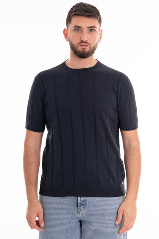 MARKUP CREW NECK SHORT SLEEVE T-SHIRT WITH RIBBED LINEN AND COTTON BLEND MK690029 BLUE