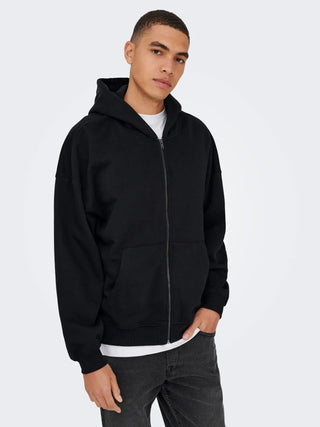 ONLY&SONS TURNER FELPA CON ZIP E CAPPUCCIO IN COTONE UOMO 22030980 BLK
