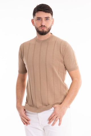 MARKUP CREW NECK SHORT SLEEVE T-SHIRT WITH RIBBED LINEN AND COTTON BLEND MK690029 CRD