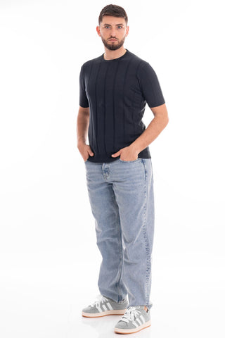 MARKUP CREW NECK SHORT SLEEVE T-SHIRT WITH RIBBED LINEN AND COTTON BLEND MK690029 BLUE