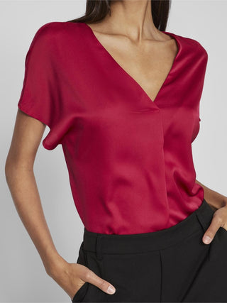 VILA T-SHIRT ELLETE V-NECK SHORT SLEEVES SATIN DONNA 14089239 CRS