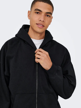 ONLY&SONS TURNER FELPA CON ZIP E CAPPUCCIO IN COTONE UOMO 22030980 BLK
