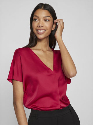 VILA T-SHIRT ELLETE V-NECK SHORT SLEEVES SATIN DONNA 14089239 CRS