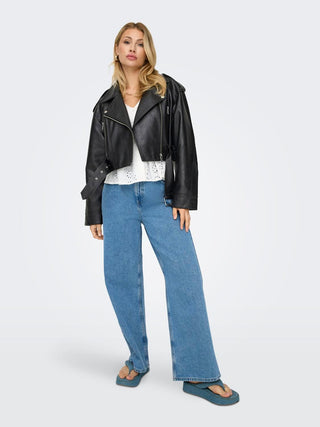 ONLY WOMEN'S ECO-LEATHER GENUINE BIKER JACKET 15321935 BLK