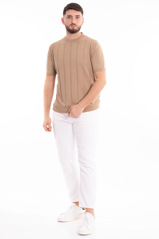 MARKUP CREW NECK SHORT SLEEVE T-SHIRT WITH RIBBED LINEN AND COTTON BLEND MK690029 CRD