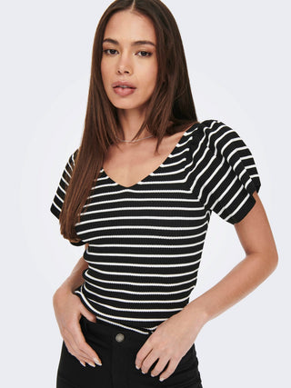 ONLY T-SHIRT LEELO STRIPE SHORT SLEEVE BACK V-NECK 15283760 BLK